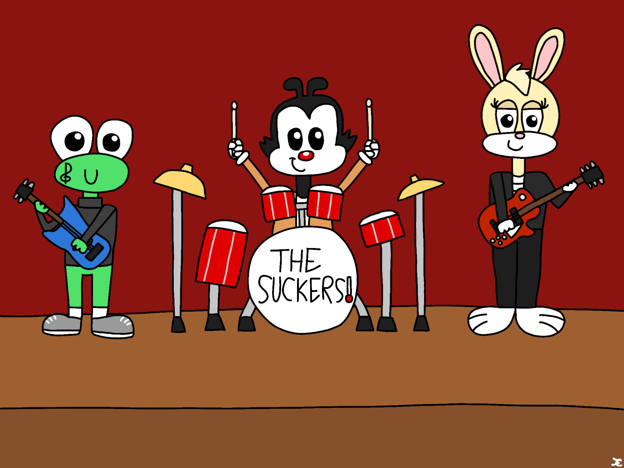 The Suckers, Cleff's band in his teen years, performing on a stage. Cleff is playing a bass guitar. To his right is Yakko Warner, playing a drum set, and Winona Bell, playing an electric guitar.